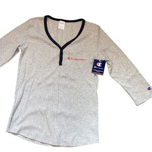 Champion V Neck Ribbed Knit 3/4 Sleeve Grey Henley Small NWT